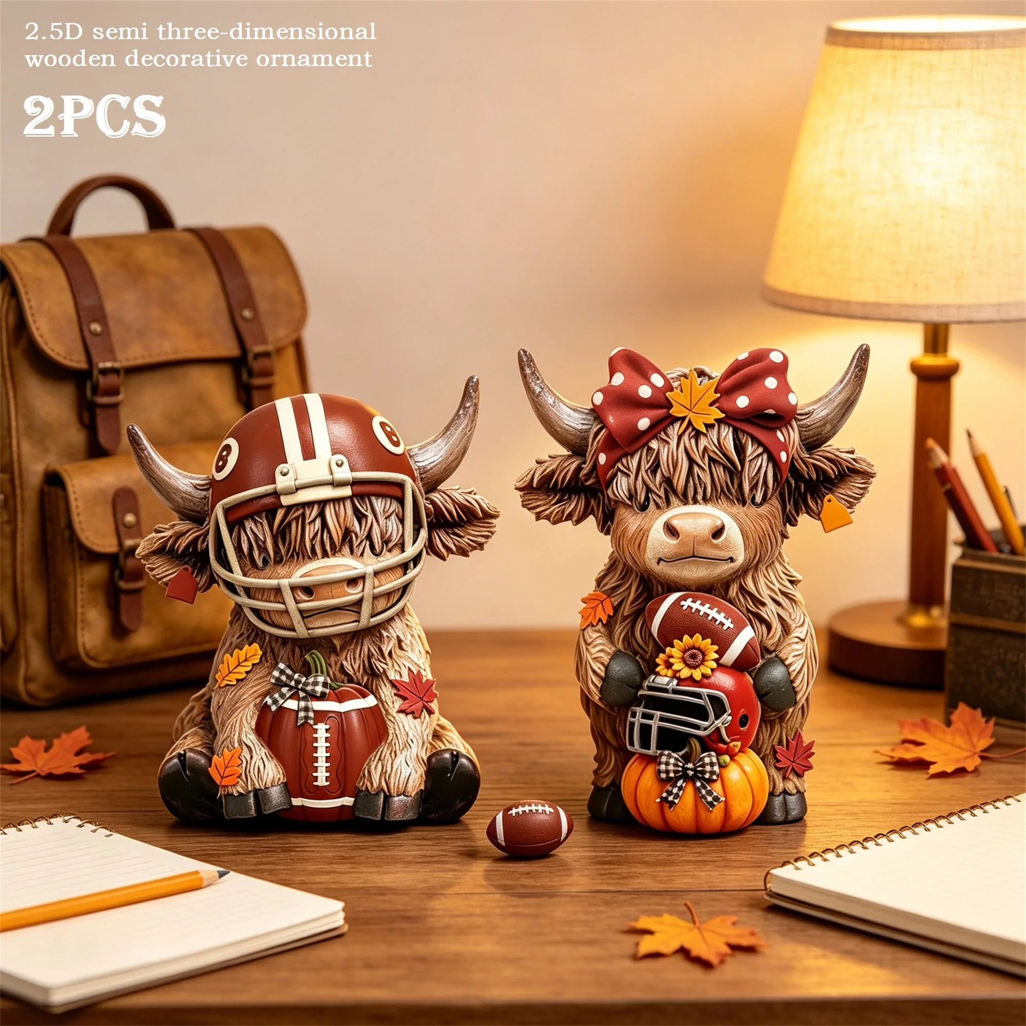 2 Pcs Wood Highland Cow Statues Fall Football Cattle Figurines Table Decor