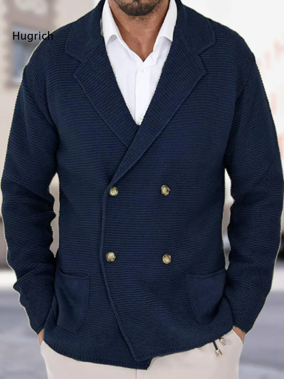 Men Casual Double Breasted Knit Cardigan Blazer Notched Lapel Long Sleeve Knitted Jacket with Pockets