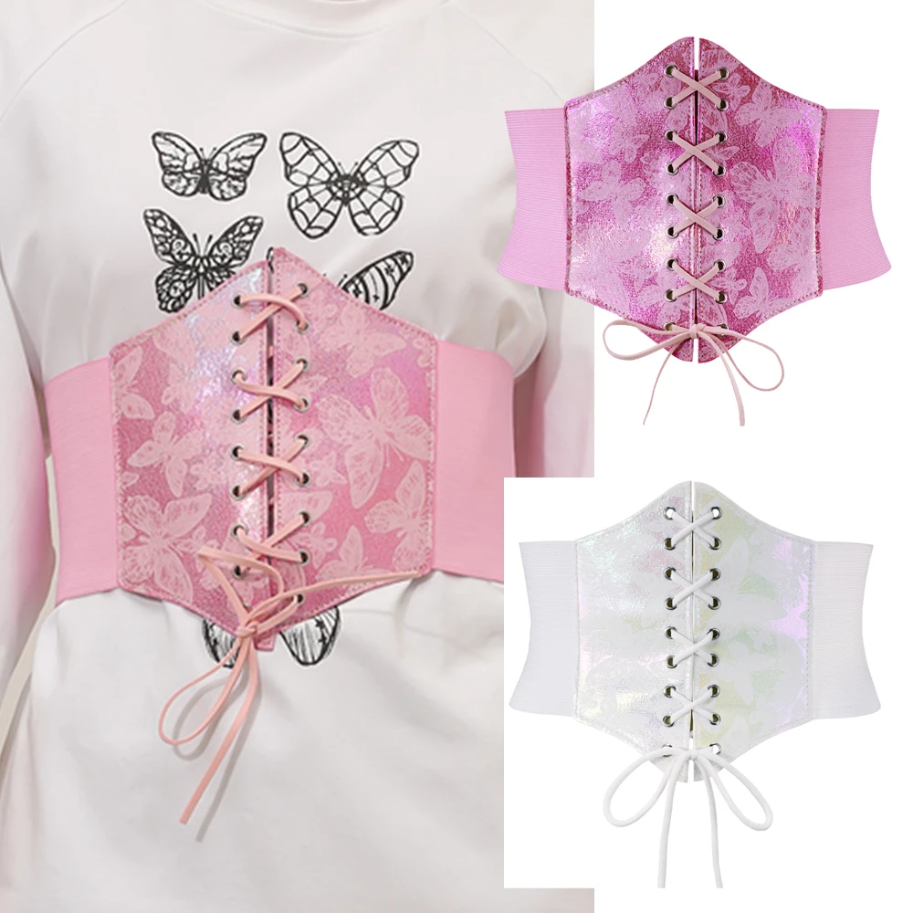 Corsé con estampado de mariposa para mujer, cinturón ancho de cuero PU, pretina adelgazante, corsés elásticos, moldeador de cuerpo, faja de vestido