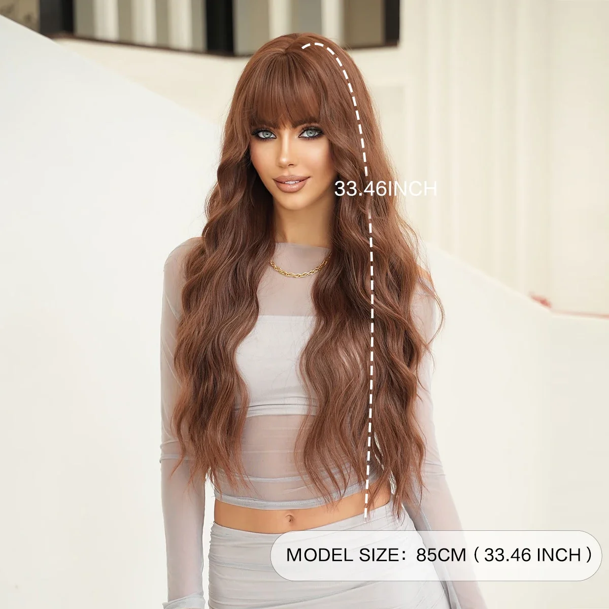 PARK YUN peluca larga ondulada roja y marrón para mujer, flequillo Natural, pelucas sintéticas populares, pelucas de Cosplay diarias resistentes al calor de 33 pulgadas