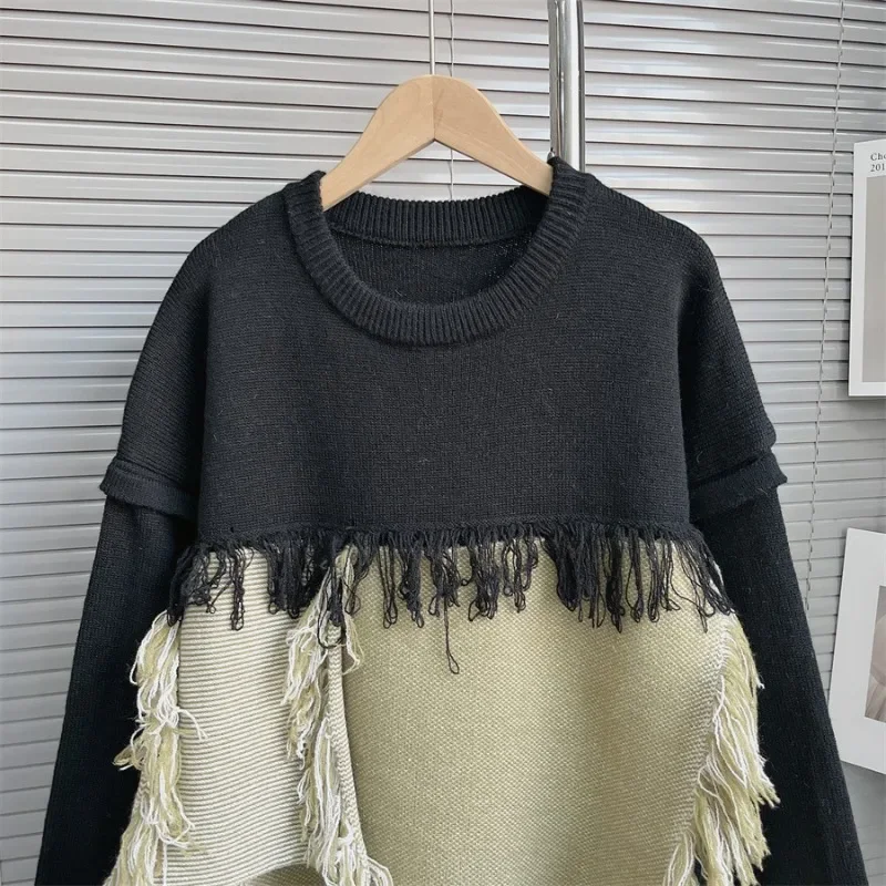 Korobov Casual Contrast Color Patchwork Women Sweaters O Neck Loose Grunge Knitted Pullovers Top Chic Fashion All Match Jumpers