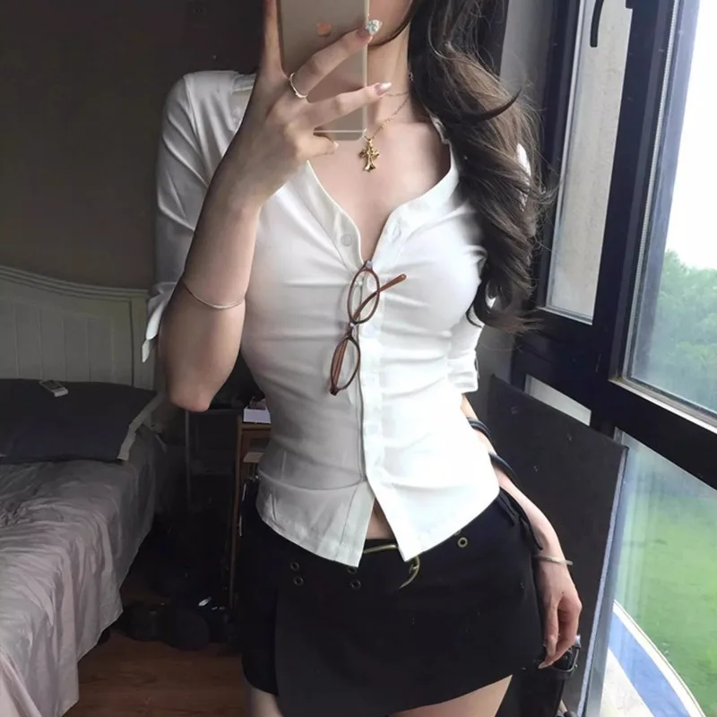 

Deeptown White V Neck Women Shirts Sexy Elegant Short Sleeve Korean Fashion Cropped Blouses Slim Fit Office Ladies Casual Chic