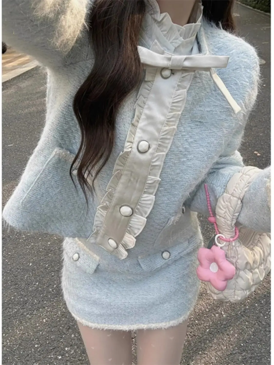 طقم نسائي كوري بتصميم فرنسي أنيق مكون من قطعتين أنيق للتنحيف الحلو الأزرق الدافئ طقم ملابس مكتب للسيدات ملابس الحفلات النسائية