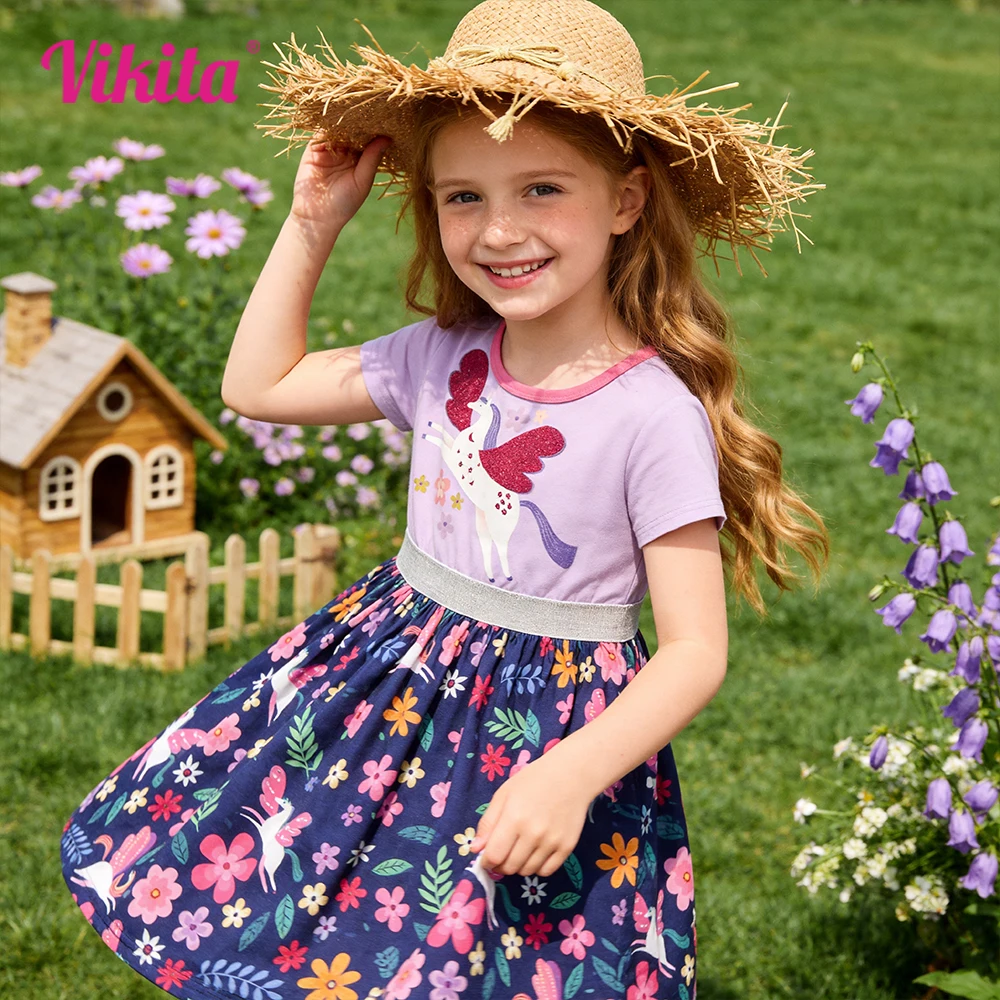 Girls Licorne Floral Print Purple Dress Kids Short Sleeve Summer Soft Daily Outfits Girls School Casual Frocks Kids Clothes