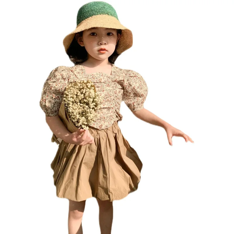 2026 Summer New Children's Design Square Neckline Floral Vest Top and Solid Color Floral Bud Skirt Two-piece Set