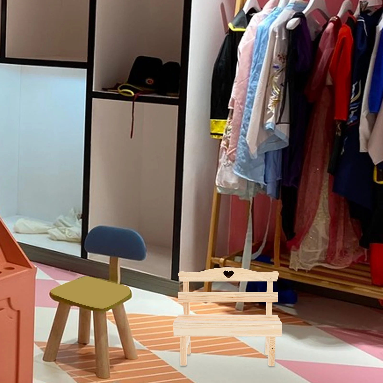 1pc ミニ木製ベンチ松工芸品ドールハウス庭風景ディスプレイ装飾ベンチルームオーナメント寝室デスク装飾