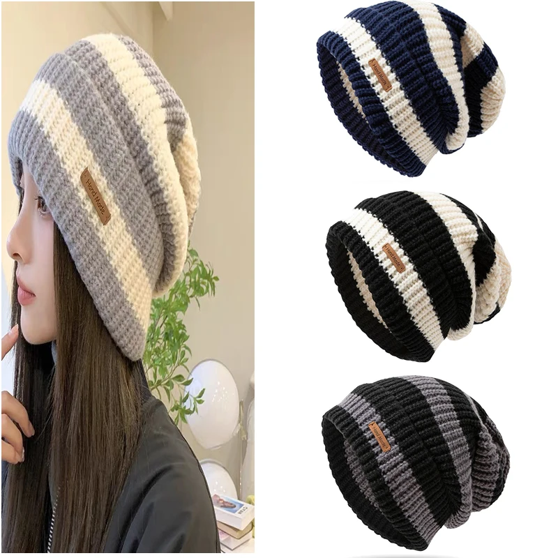 

Girl Fashion Knitted Beanie Hat Woman Skullies Beanies Winter Warm Hats Bonnet Striped Wool Caps Soft Baggy Beanies gorro