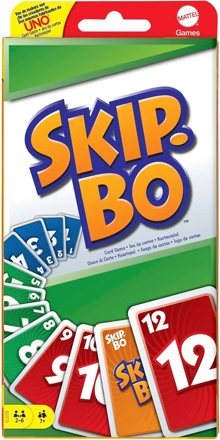 Mattel Games UNO Skip-BO 카드 게임, 카드 시퀀싱, 가족 게임 카드 컬렉션 선물, 인터랙티브 휴일 장난감, 7 세 이상 