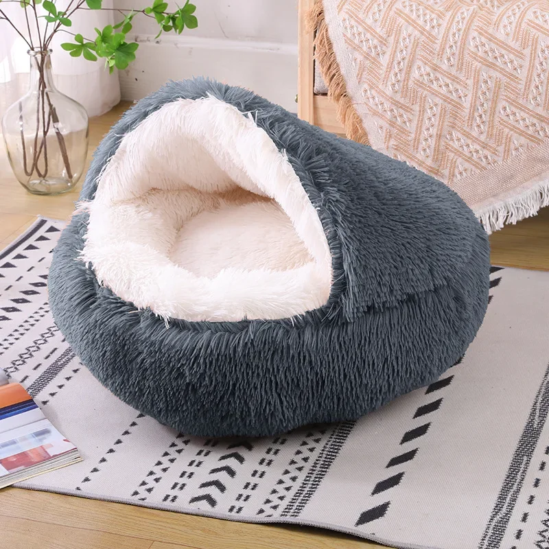 Soft Plush Round Cat Bed Pet Mattress Warm Comfortable Basket Cat Dog 2 in 1 Sleeping Bag Nest for Small Dogs