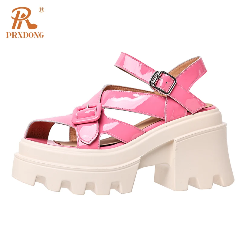 

PRXDONG New Brand Genuine Leather Chunky High Heels Platform Shoes Woman Sandals Black Pink Punk Dress Casual Lady Pumps 34-39