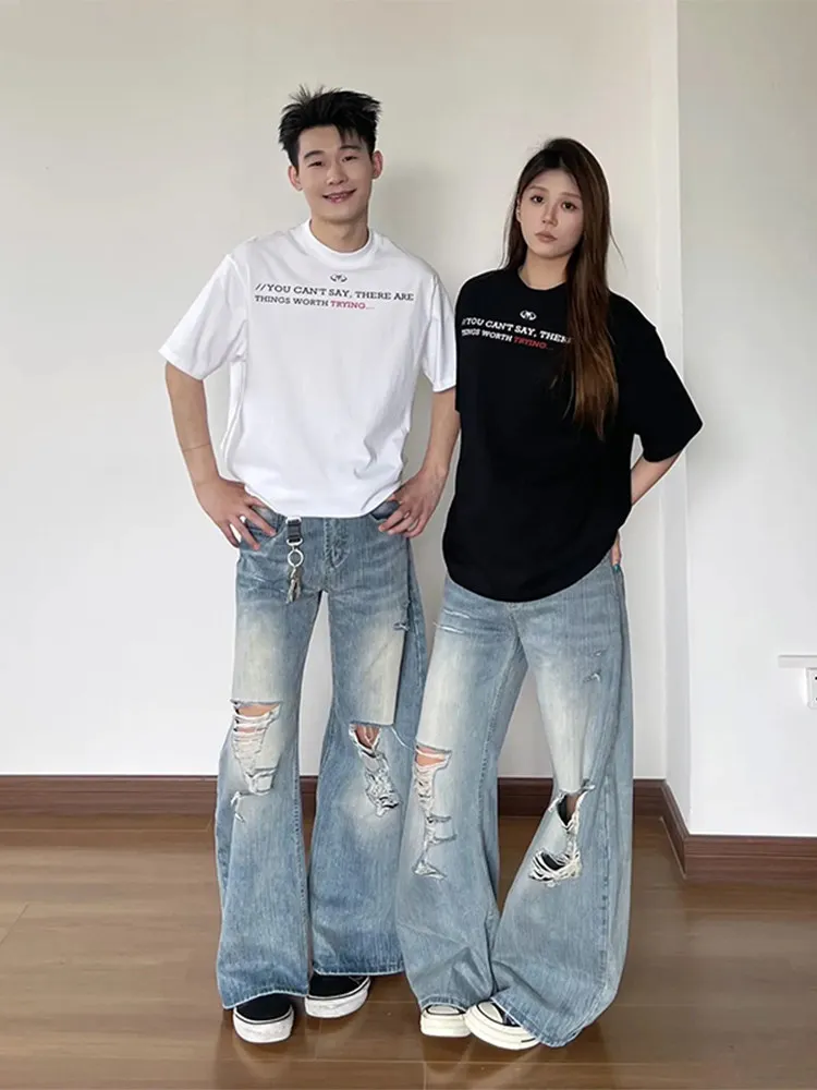 American Style High Street Loose Fit Thin Denim Jeans Women Summer Small Size Pants Wide Leg Long Trousers Tear Detail - view 5