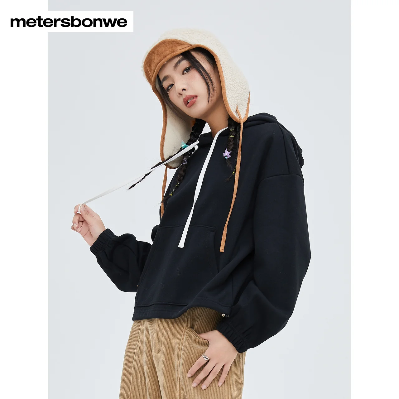 Metersbonwe-Women's Thick Fleece Short Hoodie Solid Color Hem Elastic Loose Pullover With Hood  Winter Warm Wear