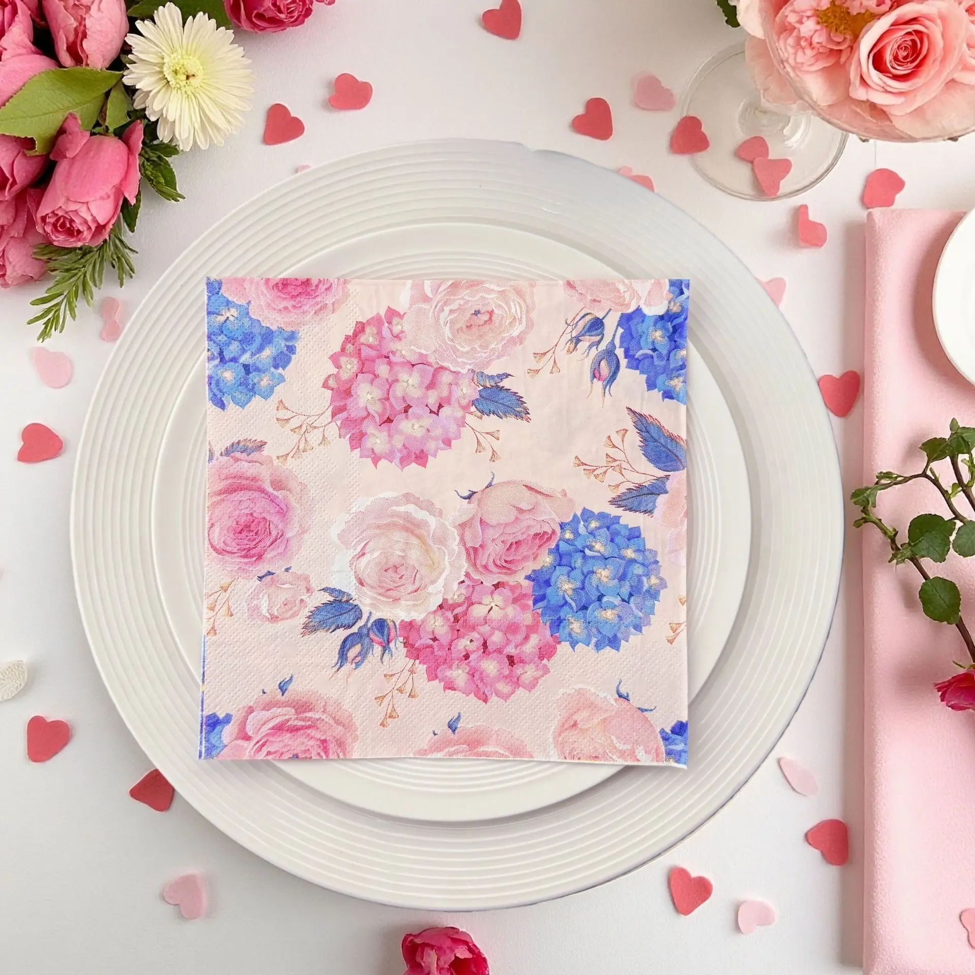 20 servilletas de hortensias rosas y azules por paquete, servilletas decorativas para hoteles y restaurantes occidentales, Día de la Madre, Día de San Valentín, etc.