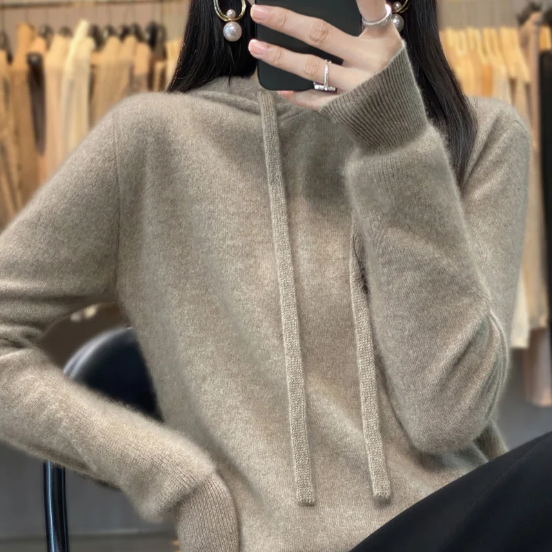 Hot Sale New Style 100% Cashmere Wool Ladies Hooded Sweater Loose High-end Long-sleeved Knit Solid Color Pullover Autumn Winter