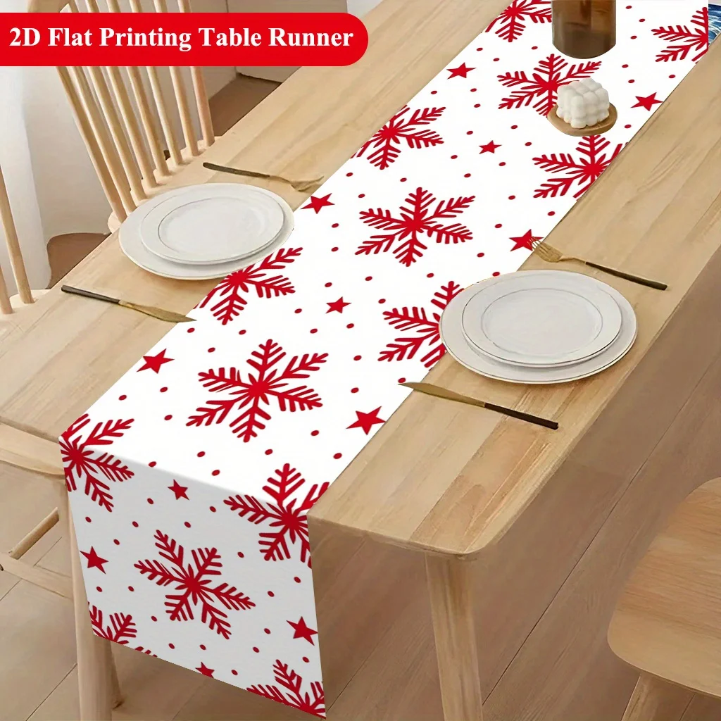 2D‑Printed Snowflake Red Star Table Runner, Decor for Dining Table, Coffee‑Table, Gatherings, Indoor‑Outdoor Parties