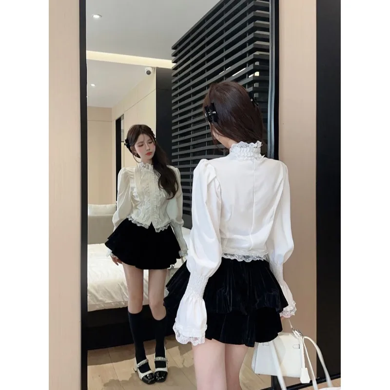 Sweet Lace Pleated Blusas Mujer Spring Lace Up Bow Shirts Blouses Stand Collar Tunic Shirt Tops Single Breasted Blouses Women