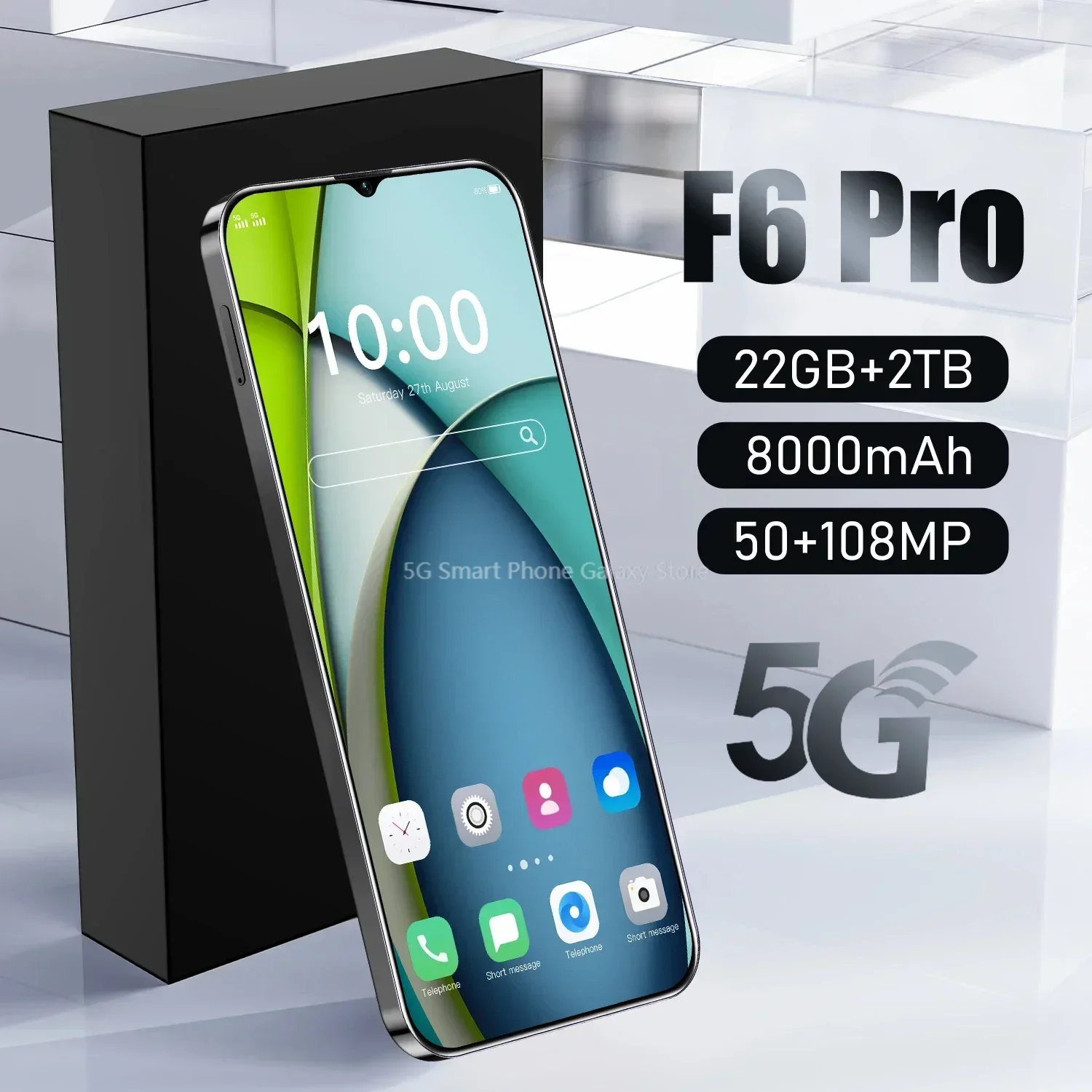 F6 Pro 5G Global Version 7.3HD Screen 22GB + 2T 8000Mah Android14 Cellulare Dual Sim Face Unlocked Mobile Phone 108MP Cell Phone