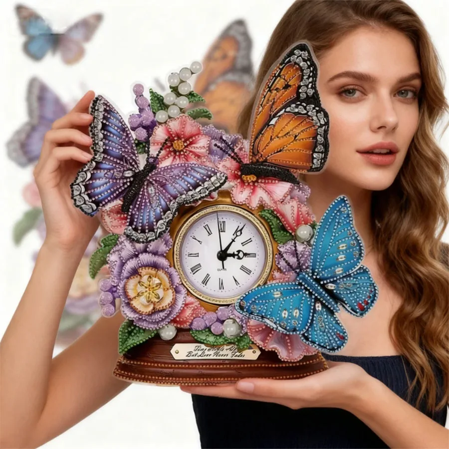

5D DIY Acrylic Special Shape Diamond Painting Desk Ornament Crystal Handmade Clock Kit Flower Butterfly Embroidery Home Decora