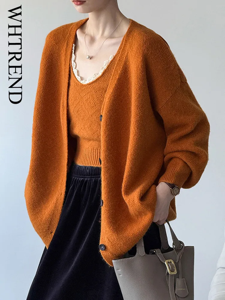 

WHTREND Korean Style Soft Knitted Cardigan V-Neck Sweater + Camisole Two-Piece Autumn Winter New WH1217