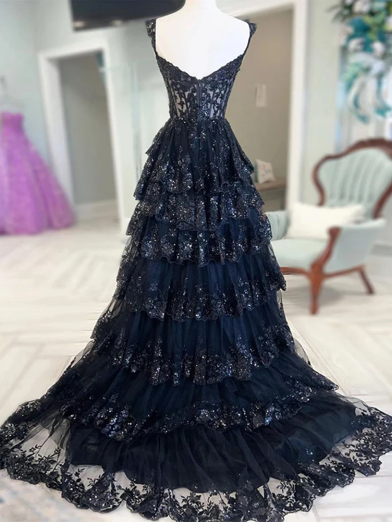 Luxury Black Prom Dresses Lace Appliques Slit Gala Formal Evening Gown For Women\'s Tiered Sequin Long Party Dresses See Through