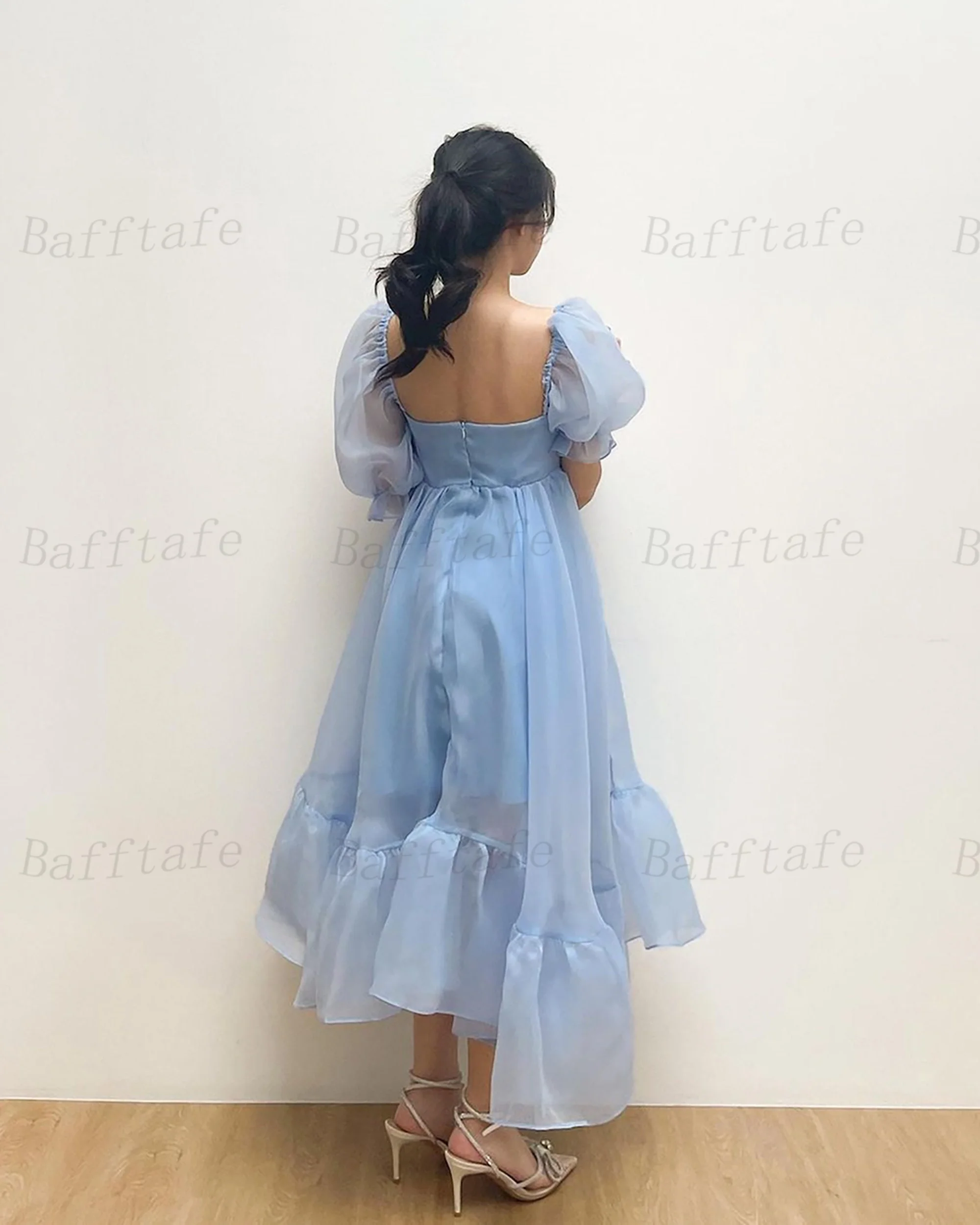 Bafftafe Blue Organza Midi Prom Dresses Customized Short Sleeves Homecoming Gowns Ankle Length Special Formal Evening Dress