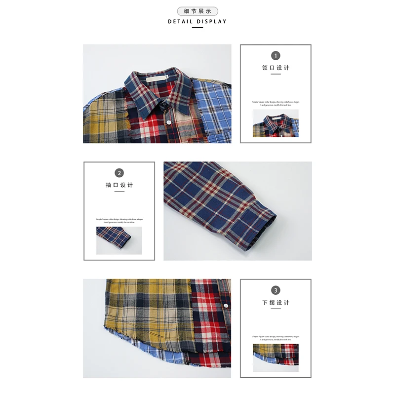 Women Patchwork Plaid Shirts and Blouses Y2k Vintage Korean Harajuku Fashion 90s Elegant Long Sleeve Polo-Neck Shirt Top Clothes