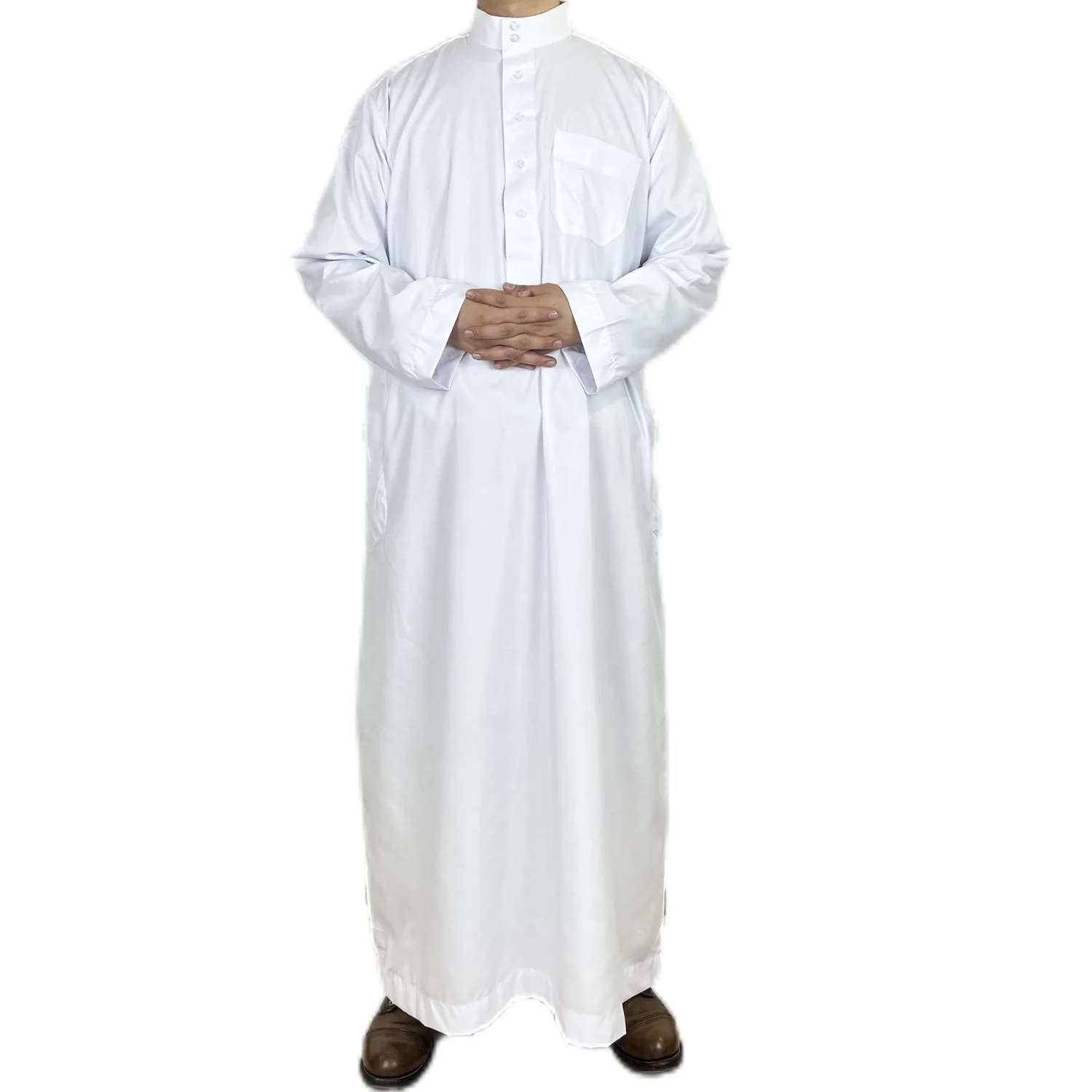 Polyester Muslim Men\'s Robes Qatar Stand Collar Robe Pocket Design Arab Middle Eastern Menswear Muslim Fashion  Arabic