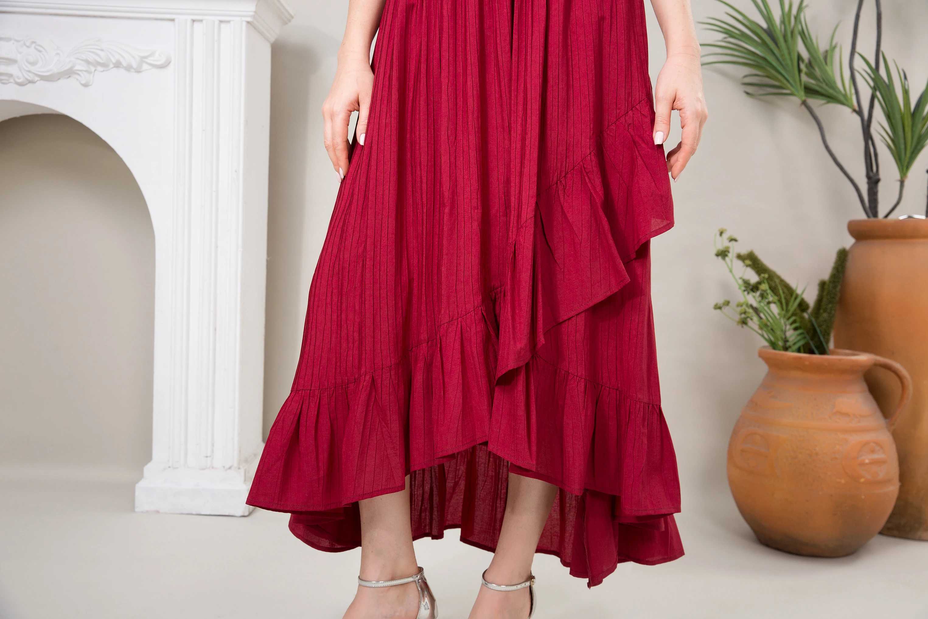 Ata Yake-Robes douces rouges plissées Boho pour femmes, manches longues, décontracté, élégant, luxe, pas besoin de repassage, mélange