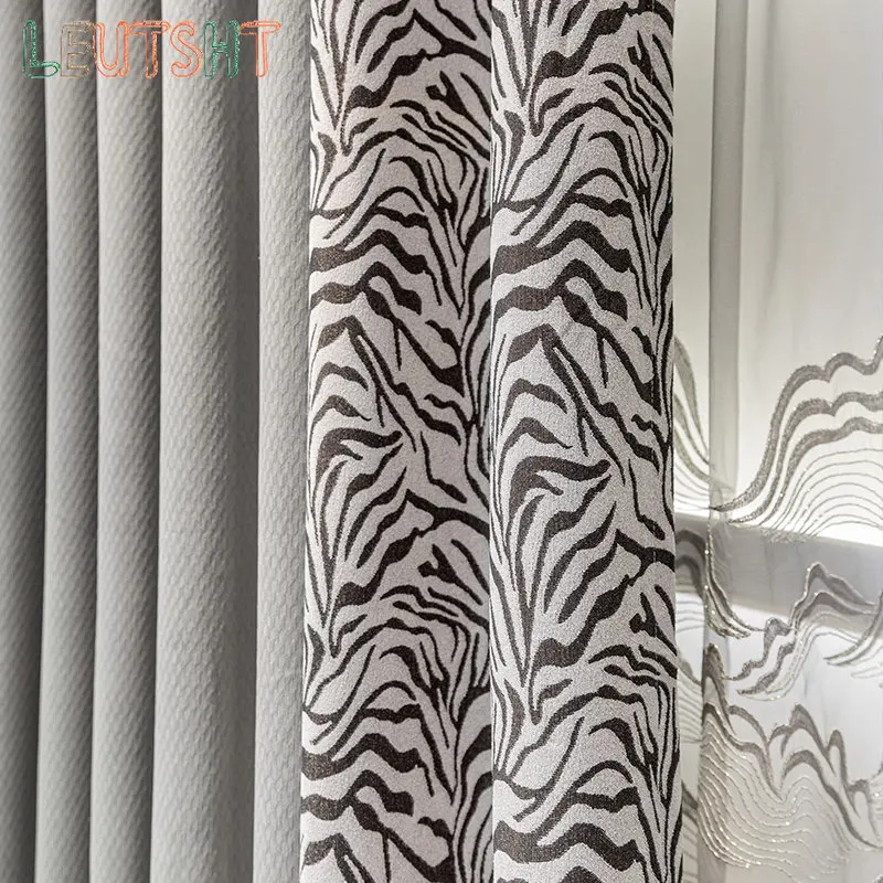 Modern Curtains for Living Dining Room Bedroom Minimalist Black and White Gray with High Precision Jacquard Chenille Curtains