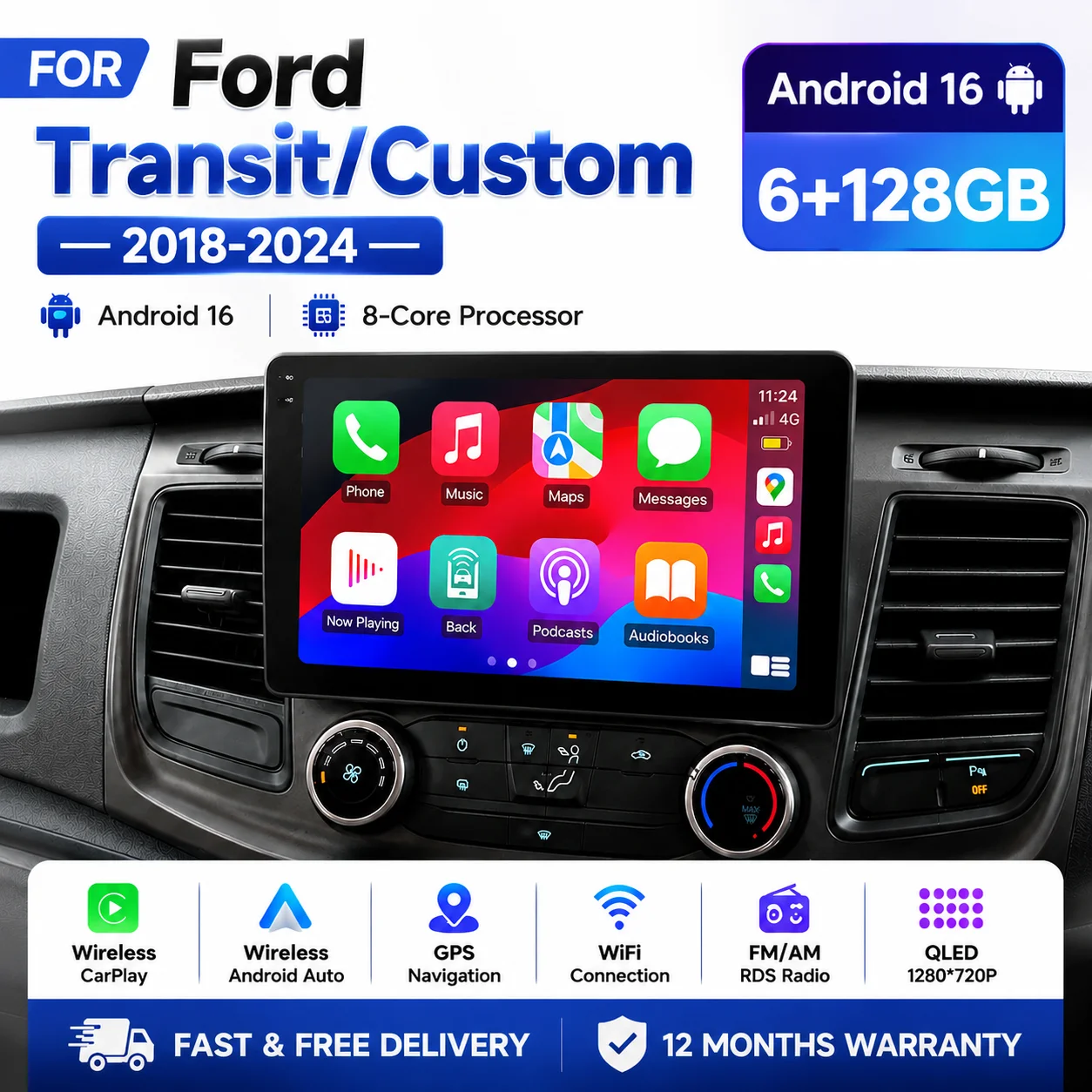 Android 16 Car Radio For Ford Transit Custom Transit V363 350 Carplay Multimedia Player GPS Navigation 4G Wifi Video Stereo 2din