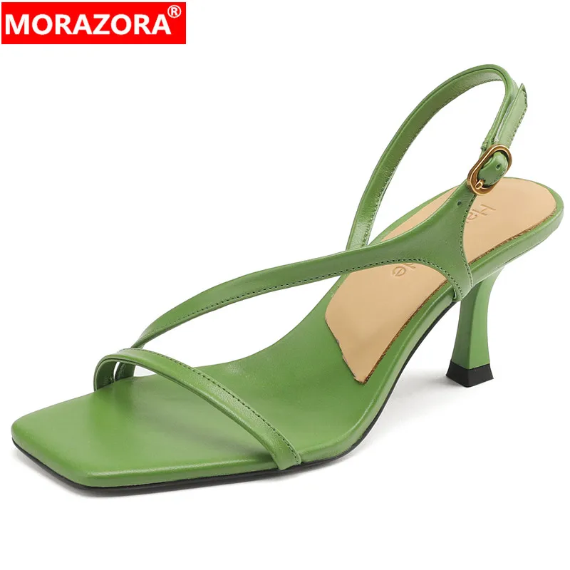 MORAZORA 2024 New Top Quality Genuine Leather Sandals Woman Thin High Heels Sandals Ladies Solid Party Summer Shoes