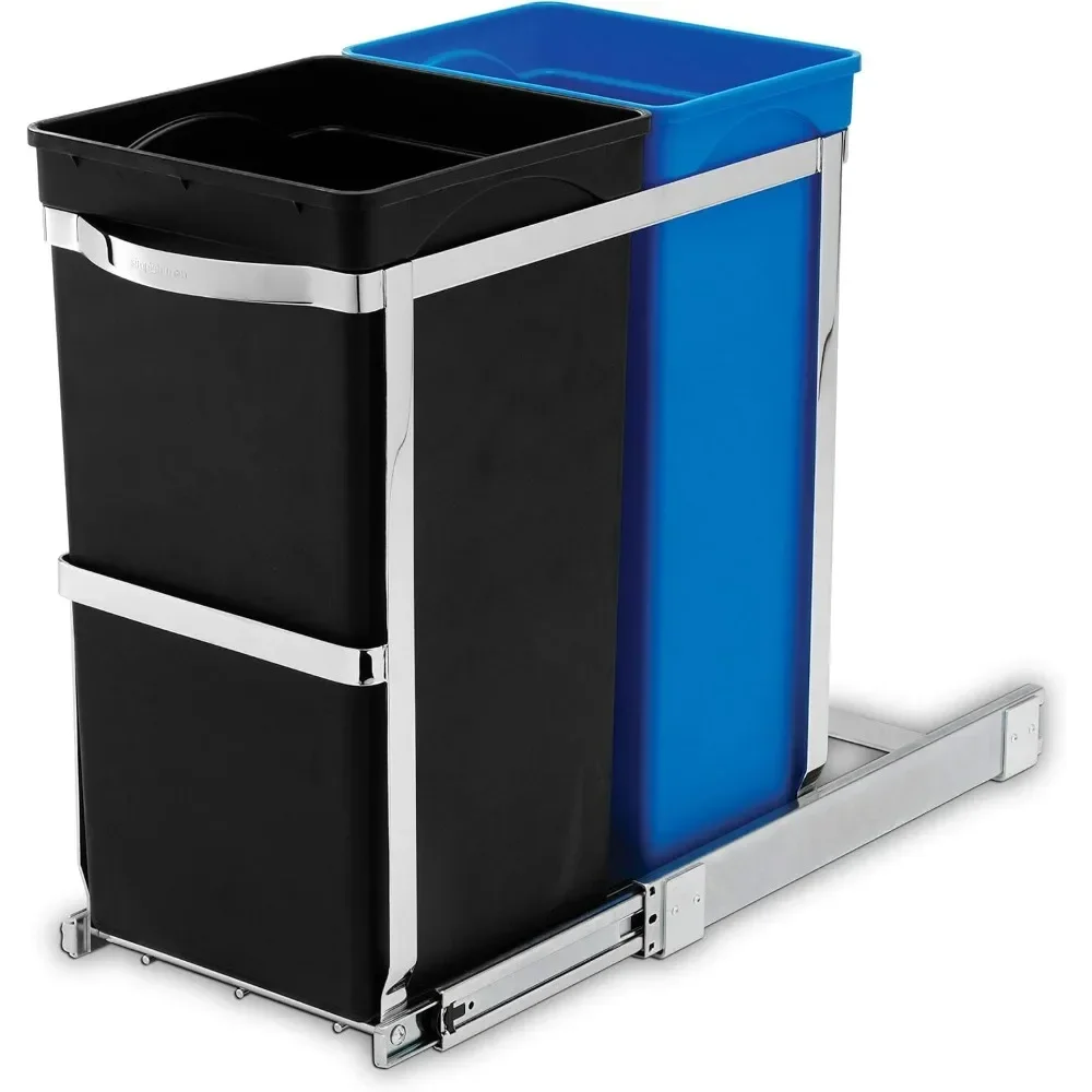 For 35 Liter / 9.3 Gallon Dual Compartment Under Counter Kitchen Cabinet Pull-Out Recycling Bin and Trash Can, Chrome