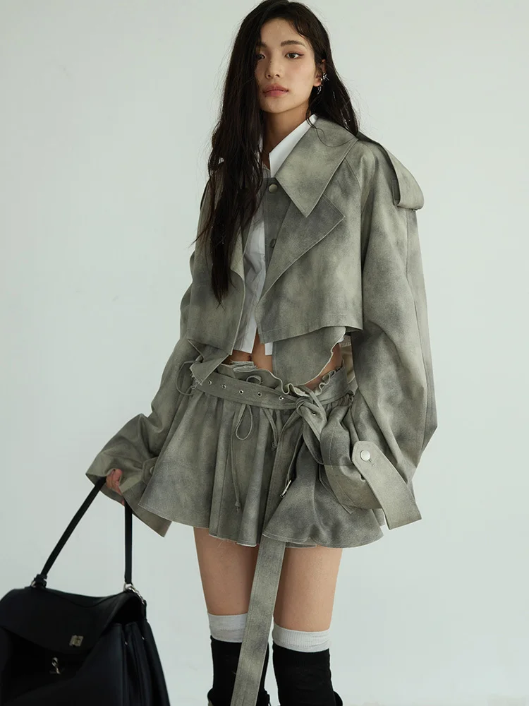 [EAM]  Gray Big Size Jacket Half-body Skirt Two Pieces Suit New Lapel Long Sleeve Women Fashion Tide Spring Autumn 2024 1DH7068