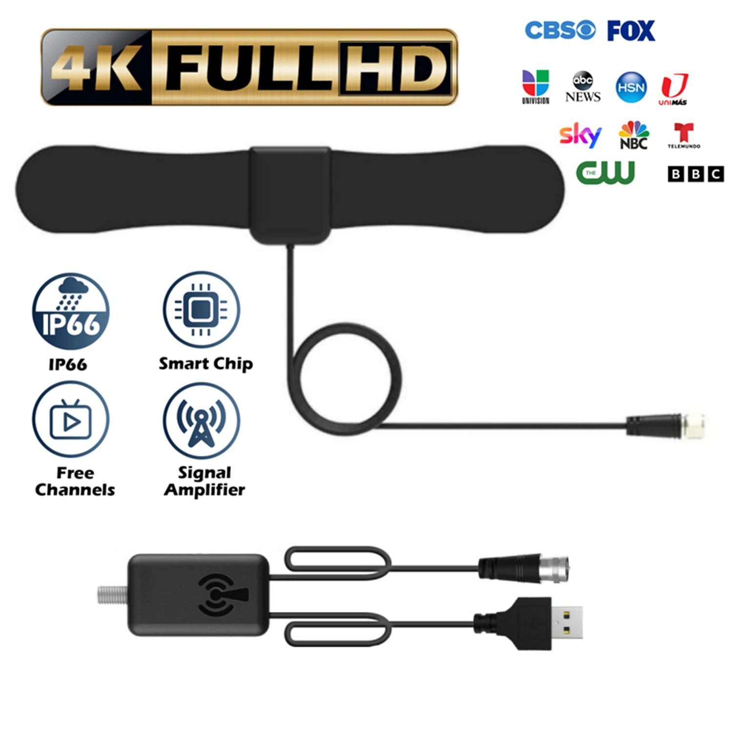 テレビアンテナ 4K 1080p 全てのテレビに対応、地デジチャンネル用、スマートスイッチアンプ信号ブースター -11.4フィート同軸HDTVケーブル、屋内/屋外用