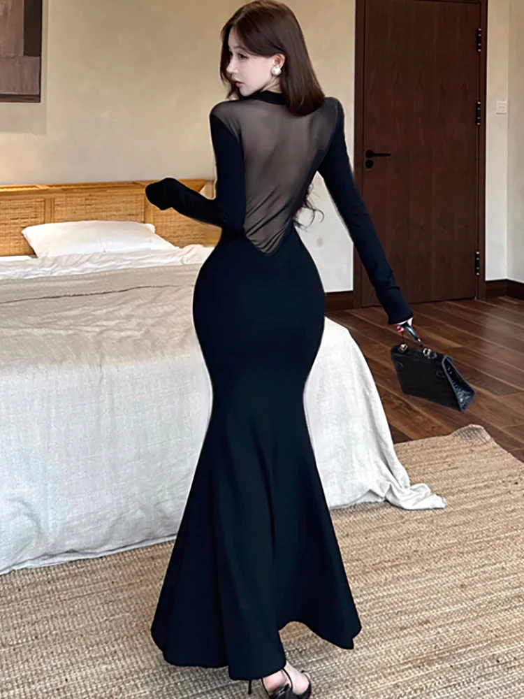 2025 Zwart Patchwork Mesh Sheer Sexy Club Jurk Vrouwen Lange Mouw Bodycon Avondjurk Zomer Koreaanse Luxe Festival Prom Dress