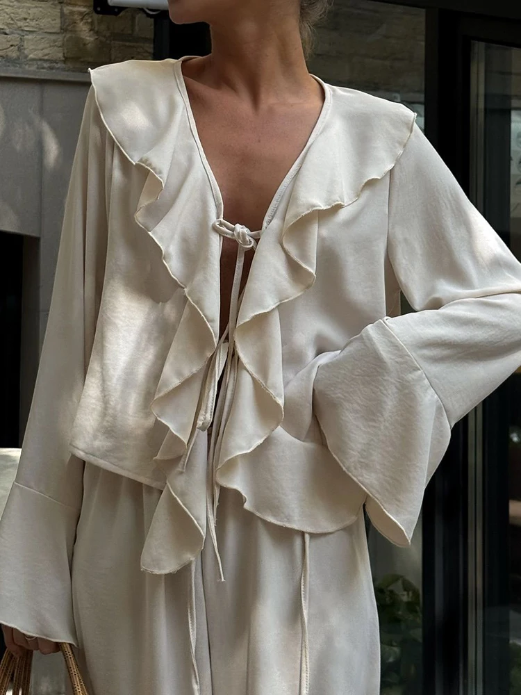 

New 2025 Fashion Design High Waist Women's Suit Simple Solid Color Wide Leg Pants Outfit Elegant V Neck Ruffled Long Sleeved Set