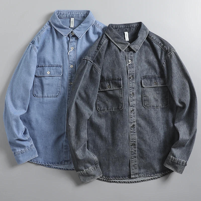 

Fall New Heavyweight Thick Men's Washed Workwear Denim Shirt Long Sleeve Men's Trendy Outerwear Classic Standard Fit
