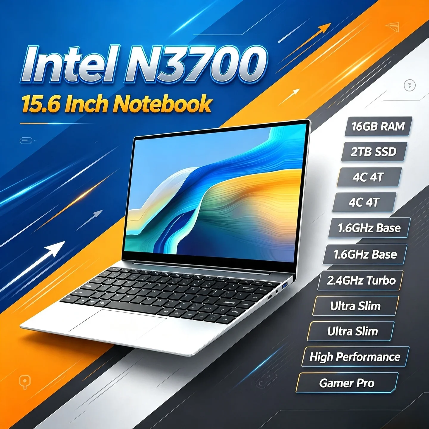 N3700 Intel 15.6 Inch Laptop 4C 4T 1.6GHz Base 2.4GHz Turbo 16GB RAM 2TB SSD Ultra Slim Gamer Notebook Pro High Performance