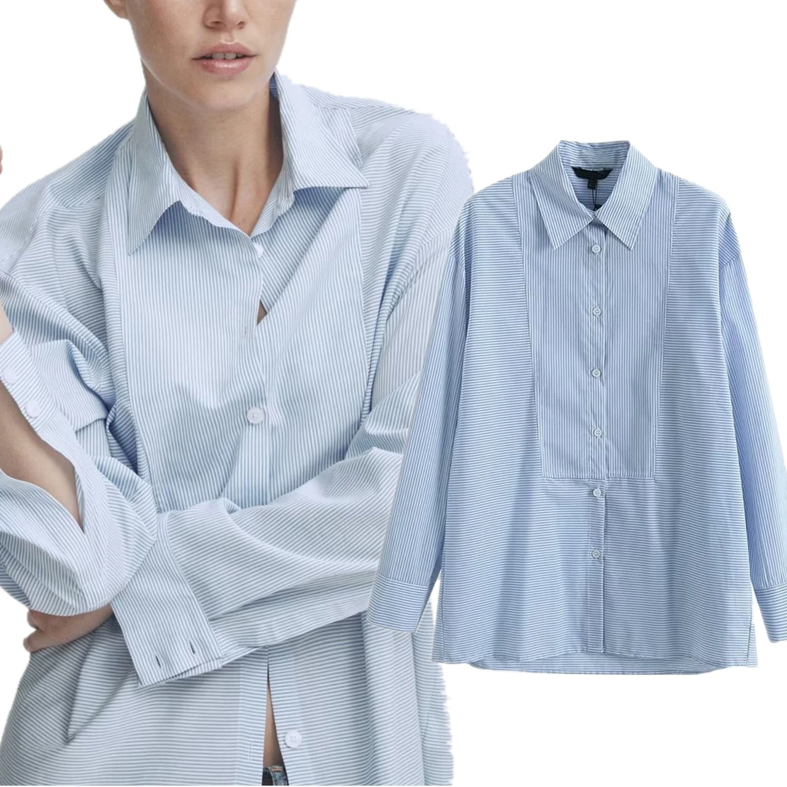 

Jenny&Dave Autumn Boyfriend Style Long-Sleeved Shirt Women's Fashion Loose Cotton T French Stitching Retro Blue Striped Shirt