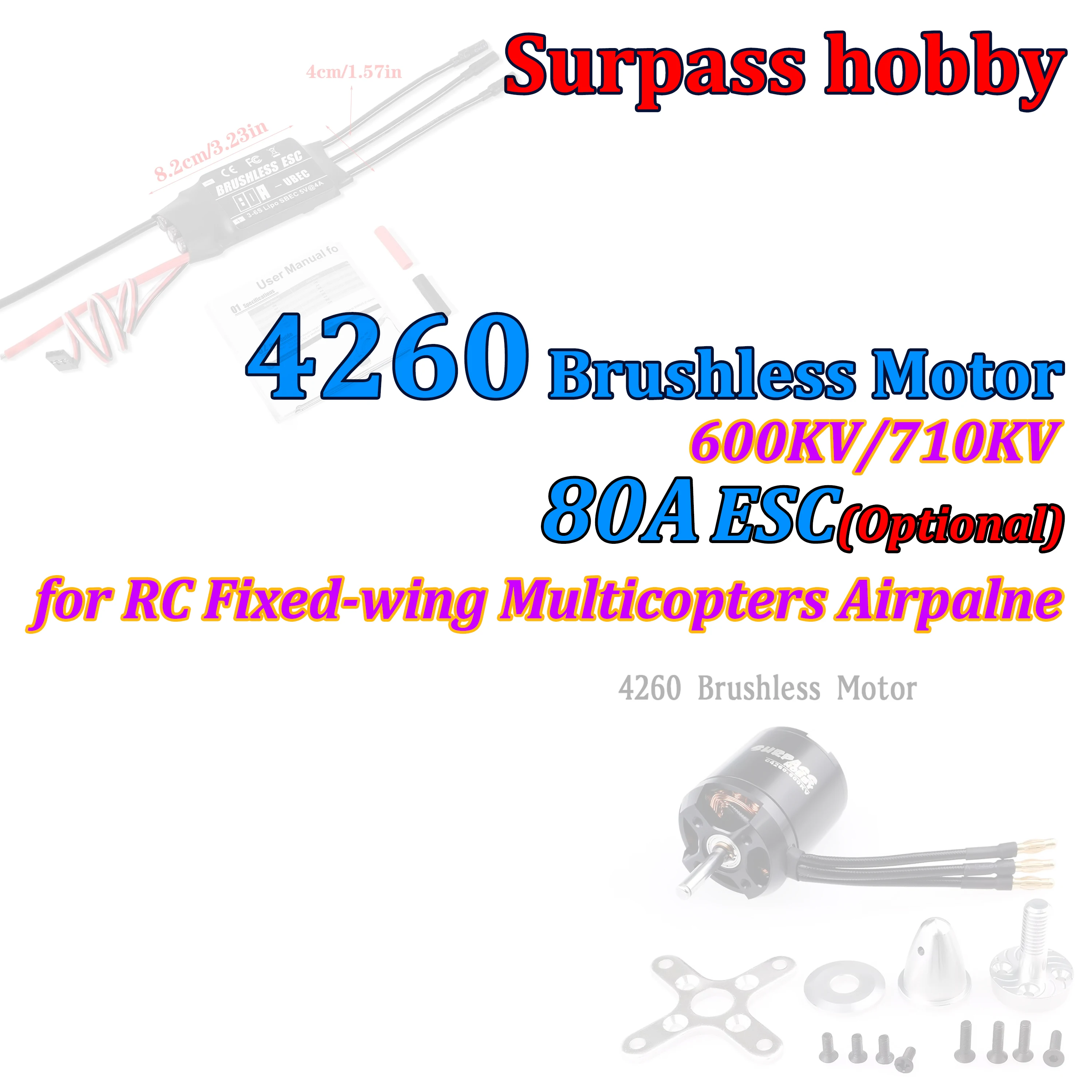 

Бесколлекторный двигатель Surpass Hobby 4260 600KV 710KV с регулятором скорости 80A ESC для радиоуправляемых самолетов, дронов, мультикоптеров и аксессуаров для авиамоделей