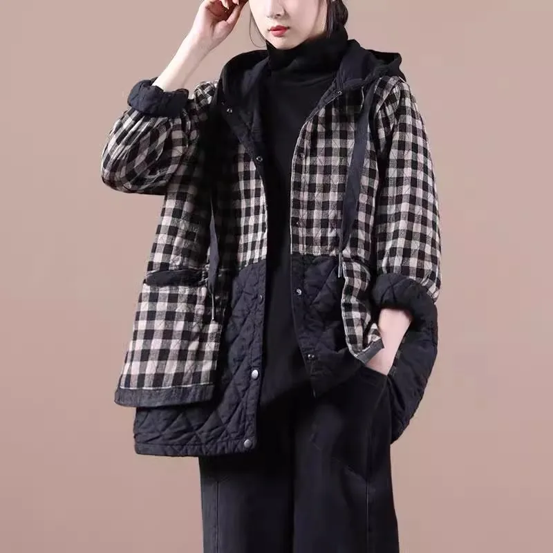 Vintage Plaid Women Parkas 2024 New Autumn Winter Patchwork Hooded Female Cotton-Padded Jackets Quilted Ladies Outwear Coat