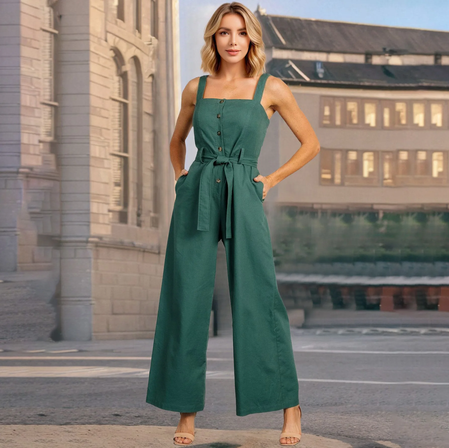 

Womens Sling Jumpsuits With Pockets Simple Solid Color Sleeveless Button Jumpsuits Daily Casual Sleeveless Wide Leg Jumpsuits