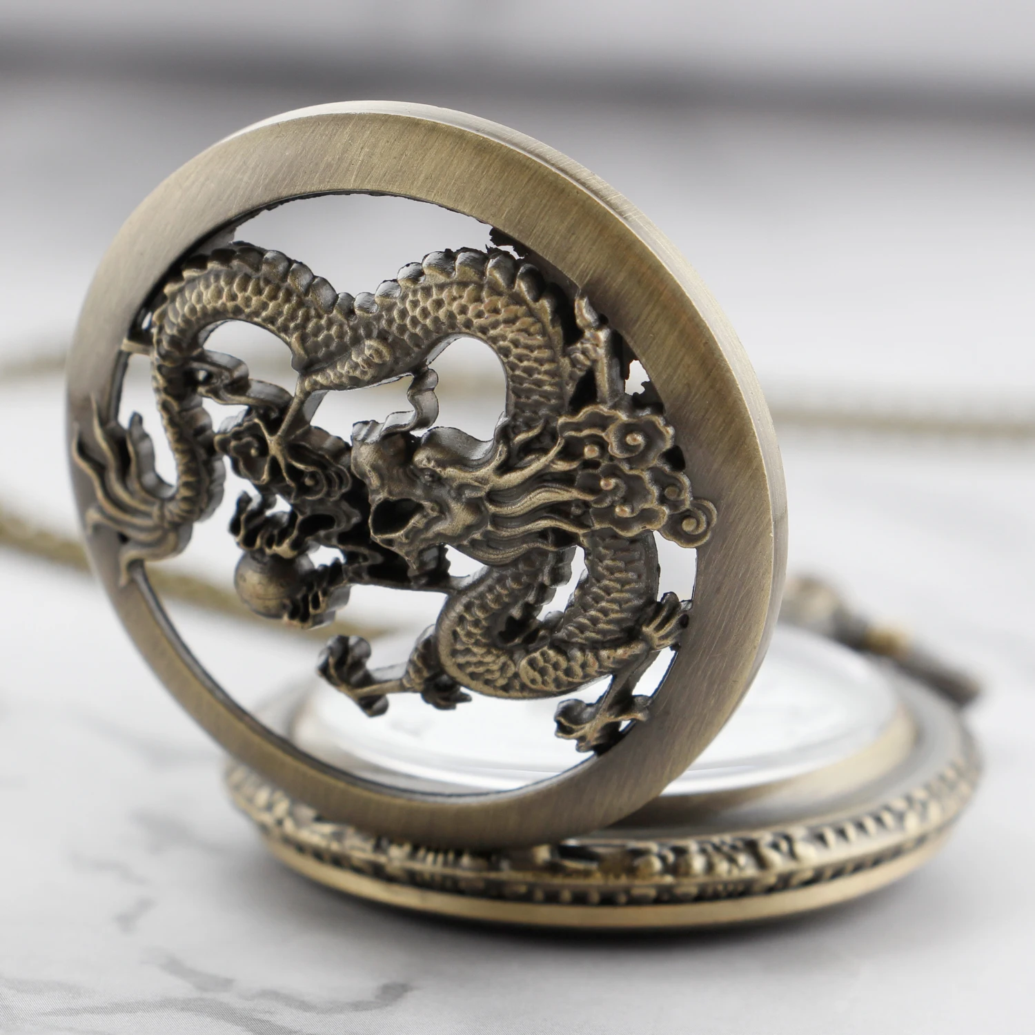 Exquisite Antique Flying Dragon Embossed Quartz Pocket Watch Vintage Necklace Pendant Clock Best Holiday Gift for Men and Women