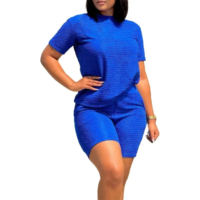 

Two Piece Sets Of Women Short Levees Shorts Casual Loose Comfortable Fashionable Solid O Neck Pleated African
