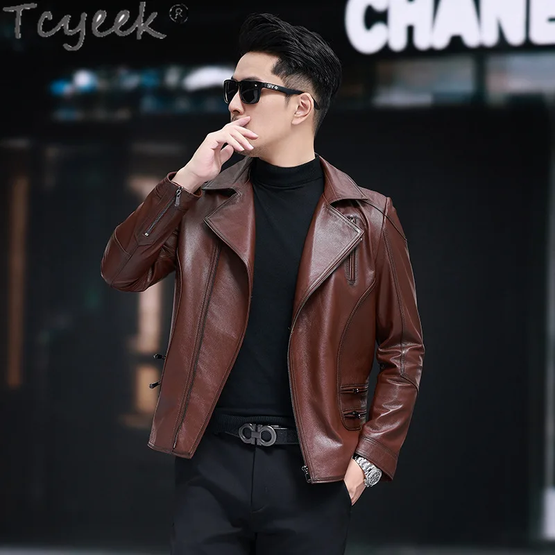 Tcyeek Genuine Leather Jacket for Men Top Layer Cowhide Motocycle Jackets Suit Collar Autumn Clothes Chaquetas Hombre Tide 2024