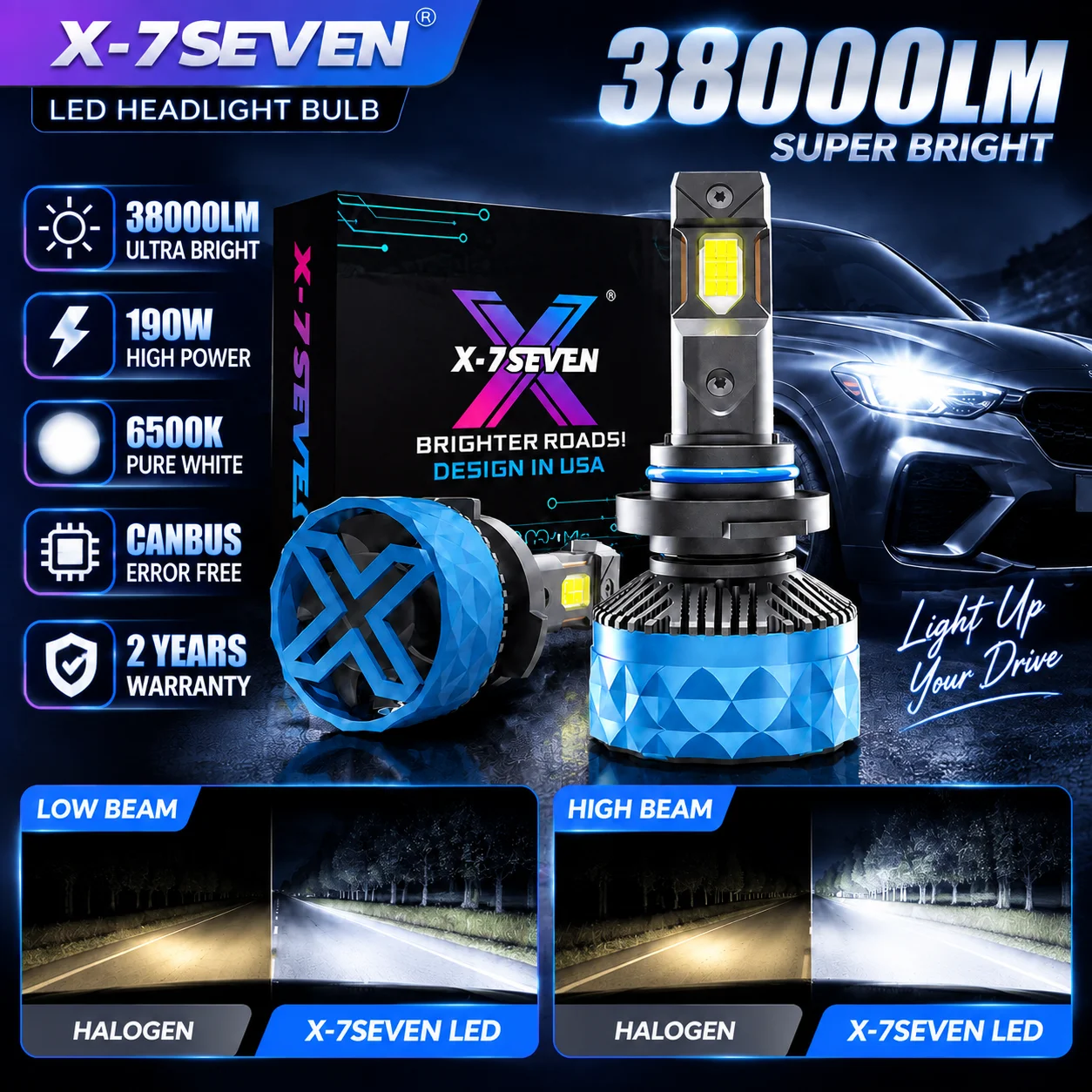 X-7SEVEN 190W LED Headlight Bulb 38000LM 6500K Super Bright H7 H11 H4 H13 9005 9006 CANBUS Auto Headlamp Kit 2 Year Warranty