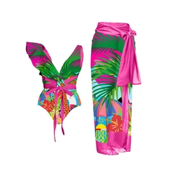 2023 New Print Bikini Swimsuit with Beach Skirt Cross Wrap Swimwear Bow-tie Deep-V Swim Bathing Suit Light Purple Beachwear