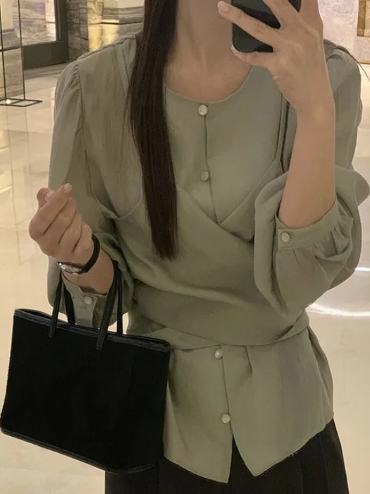 Ele Cross-Belted Long Sve irt Damen Faion Design Sensation Autumn Gentle Sle Chic Flair French Sle Loose Fit