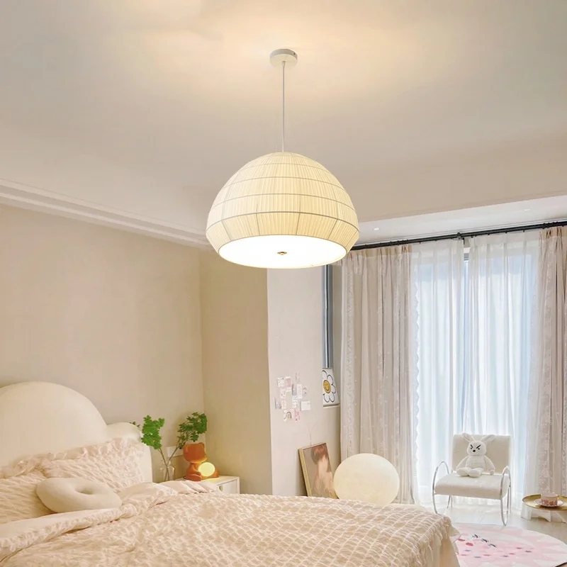 

Скандинавская кремовая тканевая светодиодная люстра для спальни, минимализм E27, подвесные светильники для столовой, подвесной светильник, декор, домашнее освещение