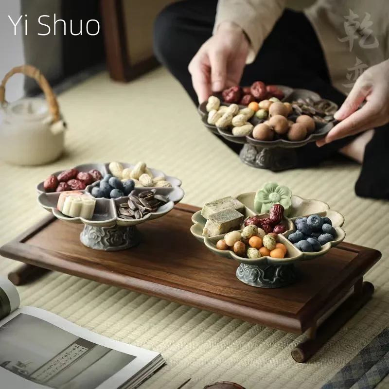 Chinese Style Tea Cake Tray Dim Sum Plate High Foot Fruit Plate Ceramic Pastry Snack Tray Stoneware Dried Fruit Display Plate